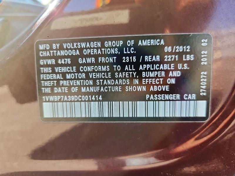 69072626 :رقم المزاد ، 1VWBP7A39DC001414 vin ، 2013 Volkswagen Passat مزاد بيع