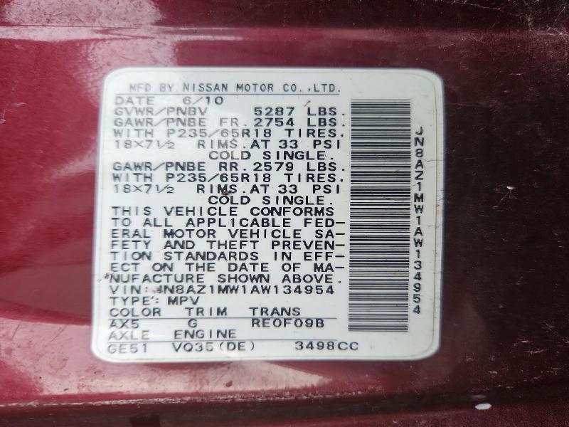 Продажа на аукционе авто 2010 Nissan Murano, vin: JN8AZ1MW1AW134954, номер лота: 69334616