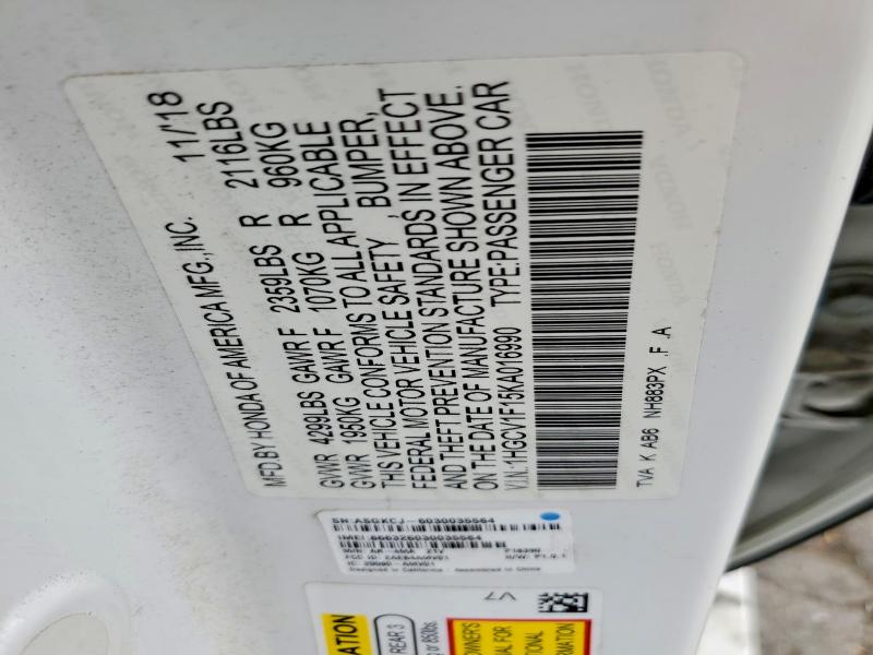 69023106 :رقم المزاد ، 1HGCV1F15KA016990 vin ، 2019 Honda Accord مزاد بيع