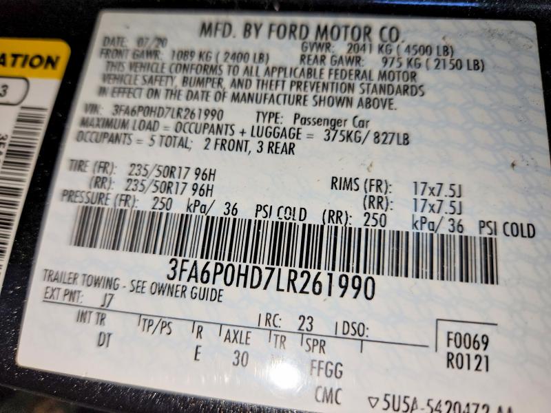 Aukcja sprzedaży 2020 Ford Fusion, vin: 3FA6P0HD7LR261990, numer aukcji: 67274066