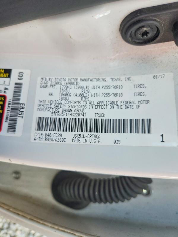 2017 Toyota Tundra მანქანა იყიდება აუქციონზე, vin: 5TFRW5F14HX220747, აუქციონის ნომერი: 68200506
