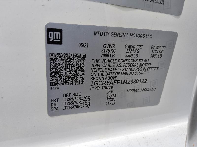 Продажа на аукционе авто 2021 Chevrolet Silverado, vin: 1GCRYAEF1MZ330122, номер лота: 69384646