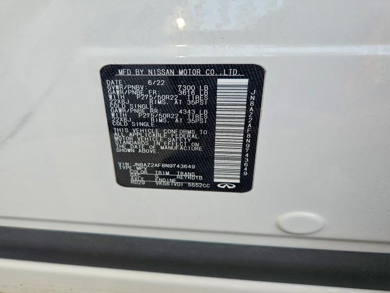 Aukcja sprzedaży 2022 Infiniti Qx80, vin: JN8AZ2AF8N9743649, numer aukcji: 69100486