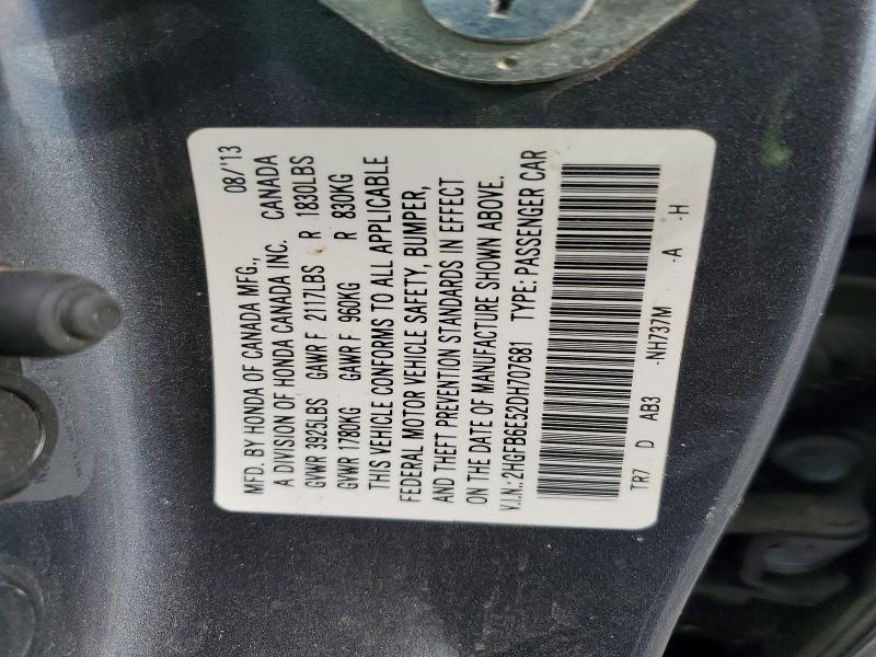 Продажа на аукционе авто 2013 Honda Civic, vin: 2HGFB6E52DH707681, номер лота: 69718226