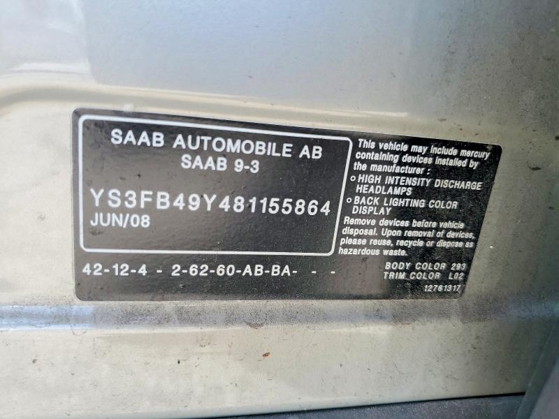 67934976 :رقم المزاد ، YS3FB49Y481155864 vin ، 2008 Saab 9-3 مزاد بيع