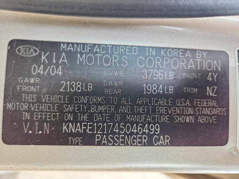 Aukcja sprzedaży 2004 Kia Spectra, vin: KNAFE121745046499, numer aukcji: 68849416