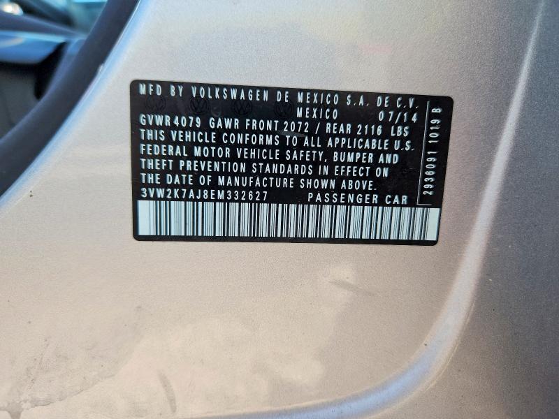 2014 Volkswagen Jetta მანქანა იყიდება აუქციონზე, vin: 3VW2K7AJ8EM332627, აუქციონის ნომერი: 67386086