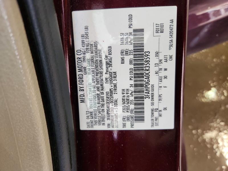Продаж на аукціоні авто 2012 Ford Fusion, vin: 3FAHP0GA0CR358593, номер лоту: 69442146