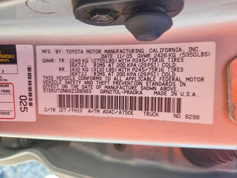 2006 Toyota Tacoma მანქანა იყიდება აუქციონზე, vin: 5TEKU72N66Z188983, აუქციონის ნომერი: 69966106