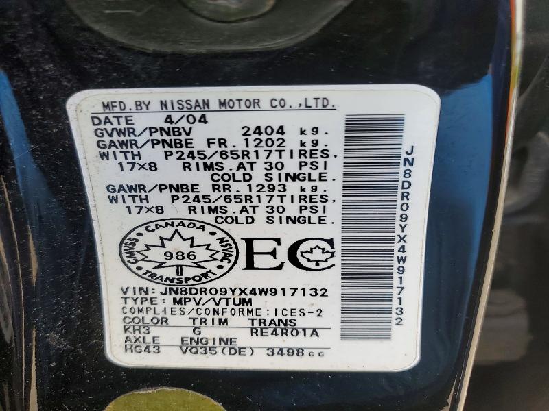 2004 Nissan Pathfinder მანქანა იყიდება აუქციონზე, vin: JN8DR09YX4W917132, აუქციონის ნომერი: 67284556