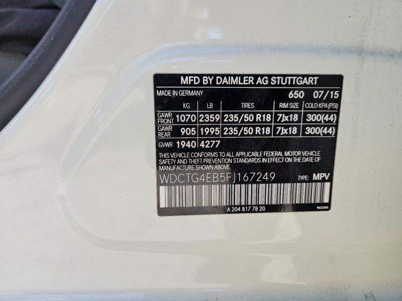 2015 Mercedes-benz Gla მანქანა იყიდება აუქციონზე, vin: WDCTG4EB5FJ167249, აუქციონის ნომერი: 69245156