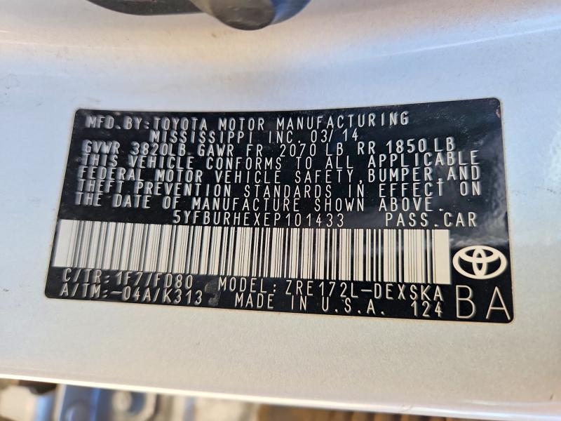 Aukcja sprzedaży 2014 Toyota Corolla, vin: 5YFBURHEXEP101433, numer aukcji: 69607396