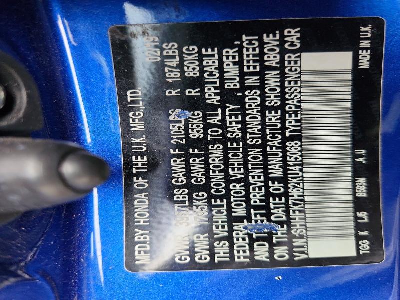 Aukcja sprzedaży 2019 Honda Civic, vin: SHHFK7H62KU415068, numer aukcji: 69729356
