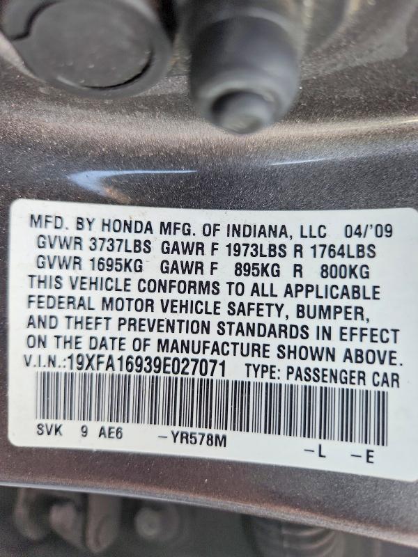 67204226 :رقم المزاد ، 19XFA16939E027071 vin ، 2009 Honda Civic مزاد بيع