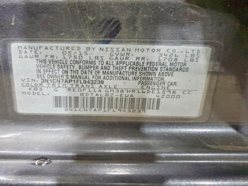 70706886 :رقم المزاد ، 3N1CN7AP1FL943239 vin ، 2015 Nissan Versa مزاد بيع