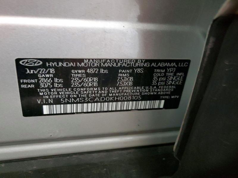 Aukcja sprzedaży 2019 Hyundai Santa Fe, vin: 5NMS3CAD0KH008105, numer aukcji: 69736346