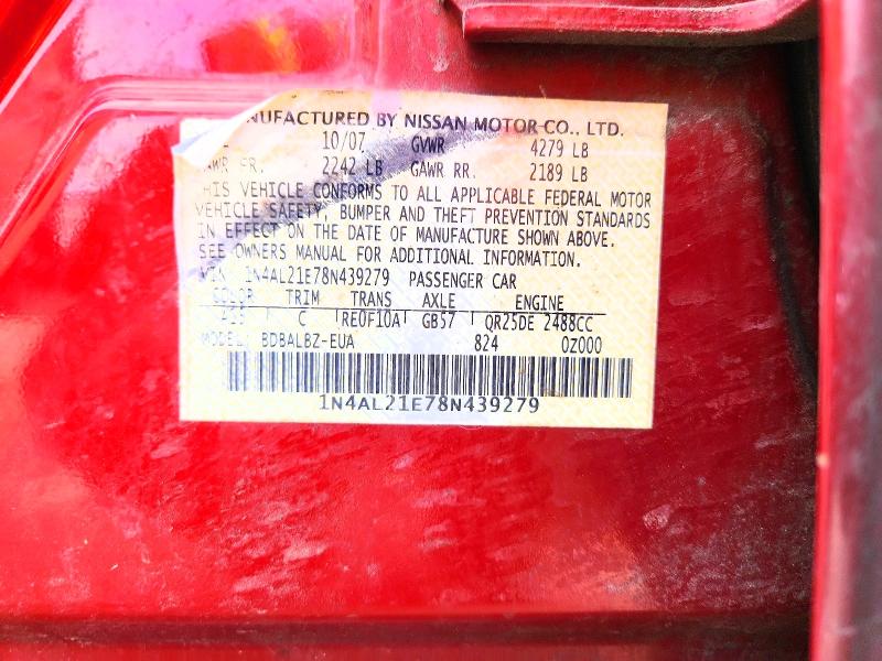 2008 Nissan Altima მანქანა იყიდება აუქციონზე, vin: 1N4AL21E78N439279, აუქციონის ნომერი: 69690436