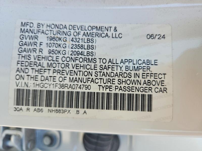 Aukcja sprzedaży 2024 Honda Accord, vin: 1HGCY1F38RA074790, numer aukcji: 69148316