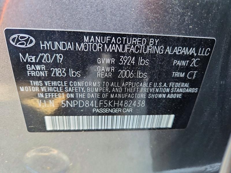 68710696 :رقم المزاد ، 5NPD84LF5KH482438 vin ، 2019 Hyundai Elantra مزاد بيع