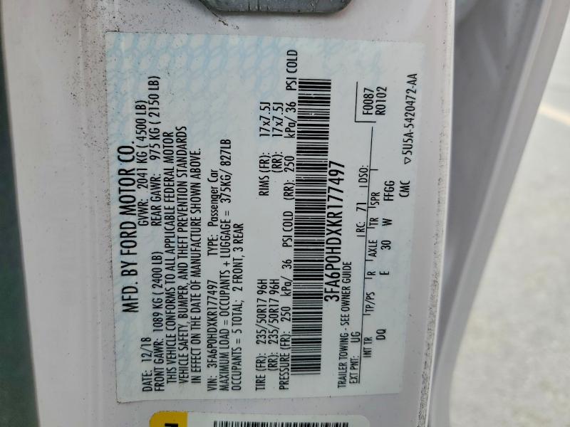 67018246 :رقم المزاد ، 3FA6P0HDXKR177497 vin ، 2019 Ford Fusion مزاد بيع