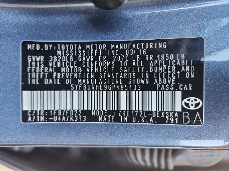 Продаж на аукціоні авто 2016 Toyota Corolla, vin: 5YFBURHE9GP485403, номер лоту: 67147586