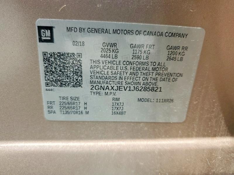 67329946 :رقم المزاد ، 2GNAXJEV1J6285821 vin ، 2018 Chevrolet Equinox مزاد بيع