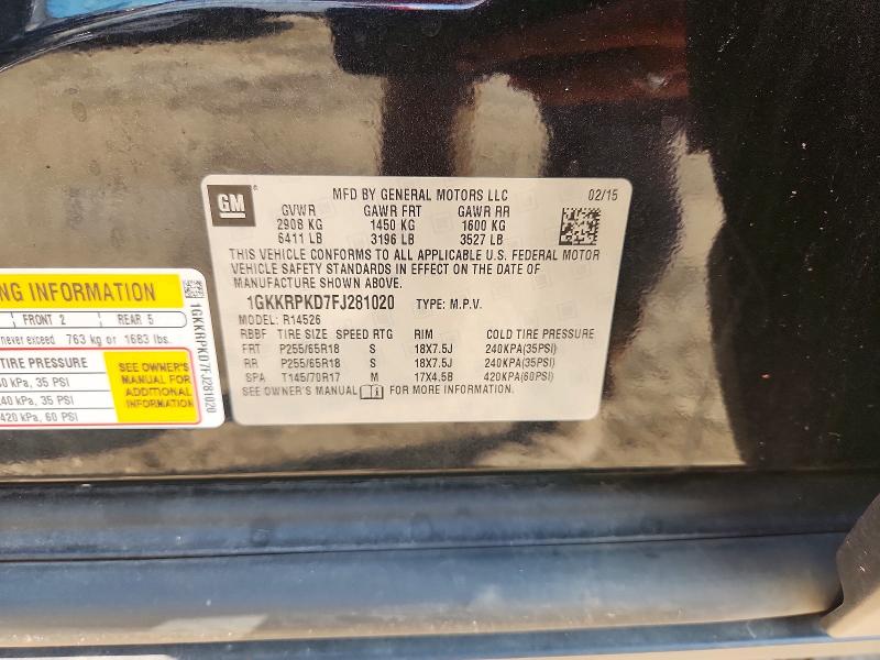 Aukcja sprzedaży 2015 Gmc Acadia, vin: 1GKKRPKD7FJ281020, numer aukcji: 67397296