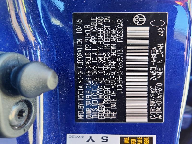68701096 :رقم المزاد ، JTDKBRFU2H3538713 vin ، 2017 Toyota Prius مزاد بيع