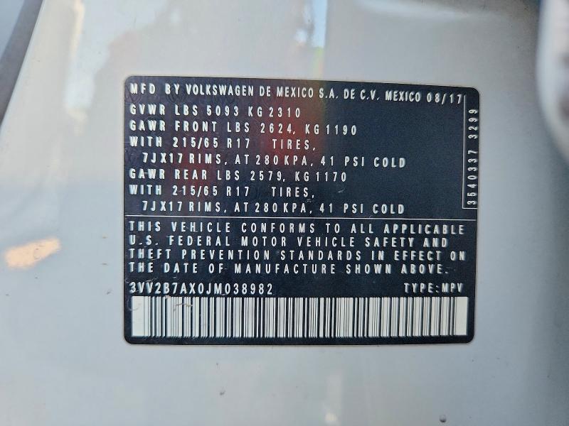 Aukcja sprzedaży 2018 Volkswagen Tiguan, vin: 3VV2B7AX0JM038982, numer aukcji: 68494956