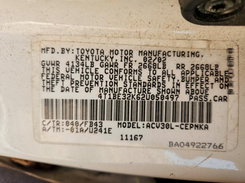 Aukcja sprzedaży 2002 Toyota Camry, vin: 4T1BE32K62U050497, numer aukcji: 68332526