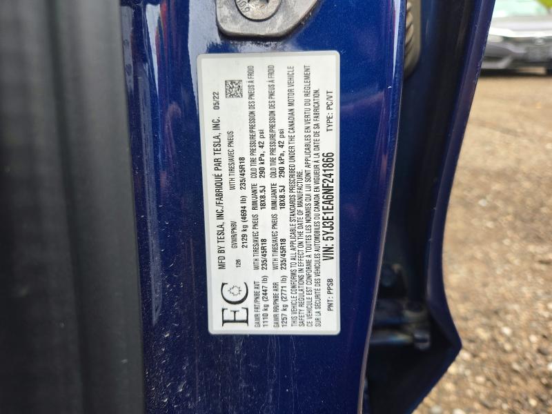 Auction sale of the 2022 Tesla Model 3, vin: 5YJ3E1EA6NF241866, lot number: 65167116