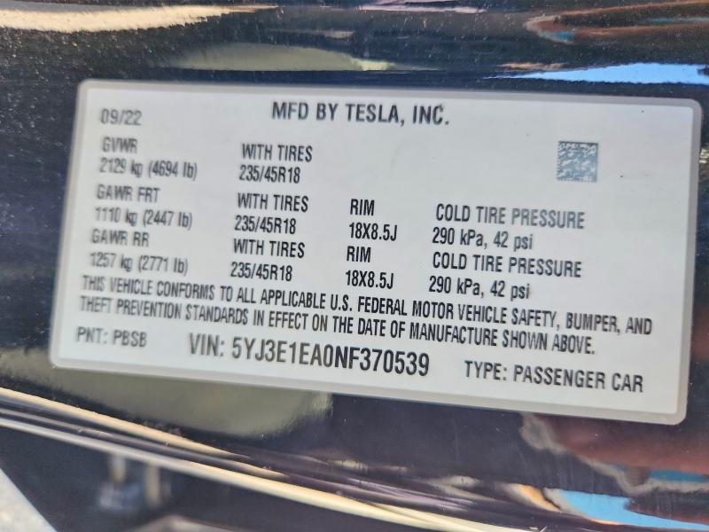 Aukcja sprzedaży 2022 Tesla Model 3, vin: 5YJ3E1EA0NF370539, numer aukcji: 68674196