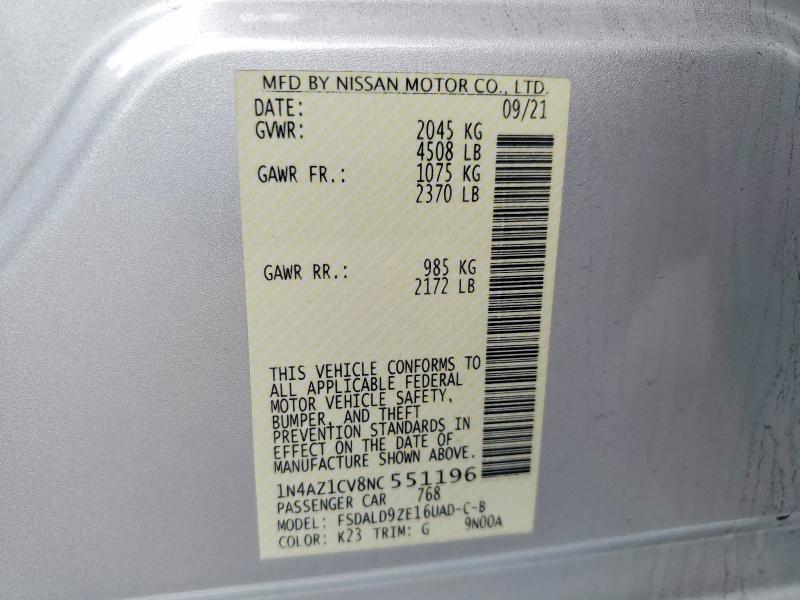 2022 Nissan Leaf მანქანა იყიდება აუქციონზე, vin: 1N4AZ1CV8NC551196, აუქციონის ნომერი: 68360866