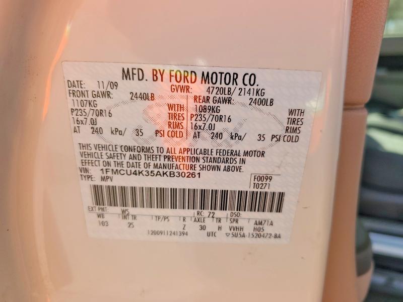 2010 Ford Escape მანქანა იყიდება აუქციონზე, vin: 1FMCU4K35AKB30261, აუქციონის ნომერი: 66812576