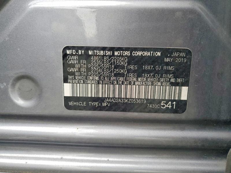 2019 Mitsubishi Outlander მანქანა იყიდება აუქციონზე, vin: JA4AD2A33KZ053619, აუქციონის ნომერი: 67452336