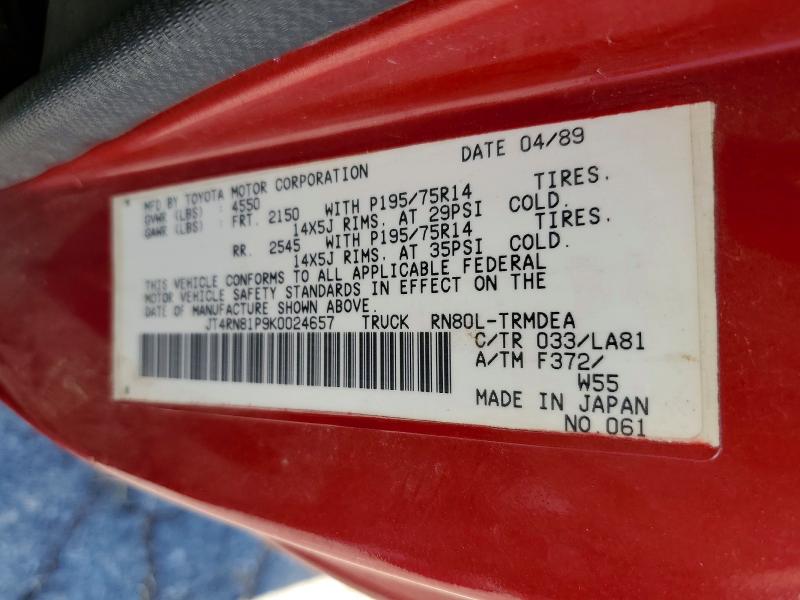 67043006 :رقم المزاد ، JT4RN81P9K0024657 vin ، 1989 Toyota Pickup مزاد بيع