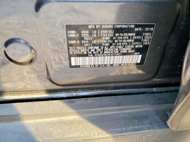 2019 Subaru Outback მანქანა იყიდება აუქციონზე, vin: 4S4BSENC2K3275921, აუქციონის ნომერი: 70321236
