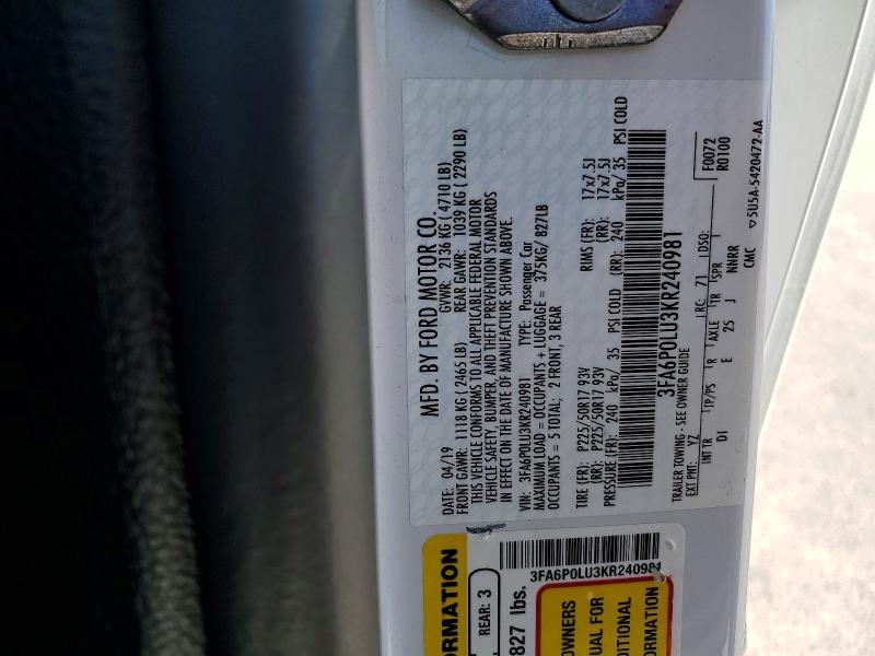 Продаж на аукціоні авто 2019 Ford Fusion, vin: 3FA6P0LU3KR240981, номер лоту: 69191656