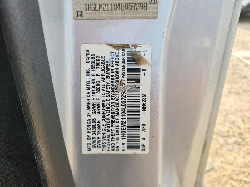 2004 Honda Civic მანქანა იყიდება აუქციონზე, vin: 1HGEM21104L057298, აუქციონის ნომერი: 67162476