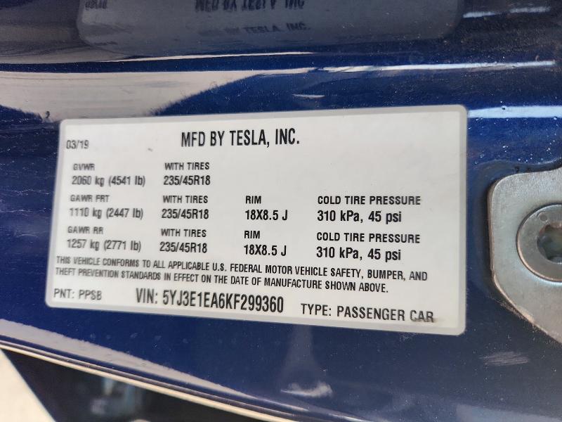 2019 Tesla Model 3 მანქანა იყიდება აუქციონზე, vin: 5YJ3E1EA6KF299360, აუქციონის ნომერი: 70133956
