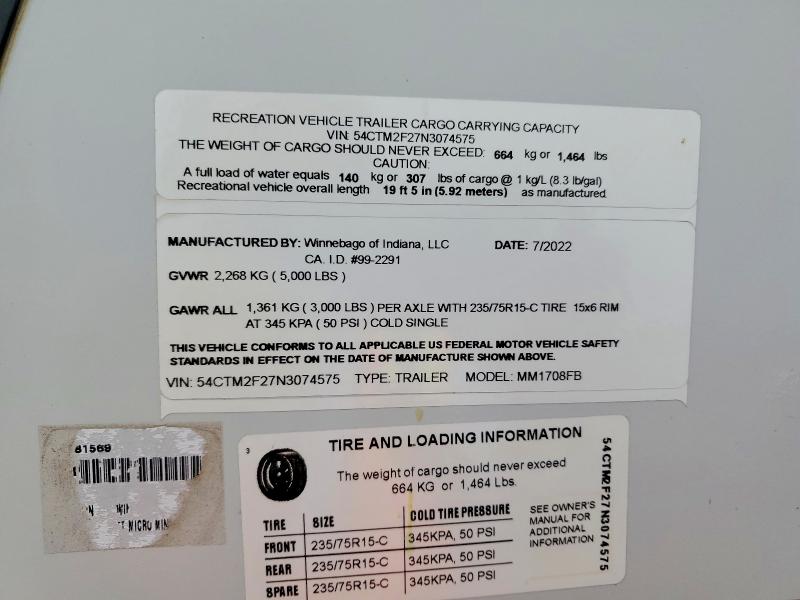 Продаж на аукціоні авто 2022 Winnebago Micro Minn, vin: 54CTM2F27N3074575, номер лоту: 69583486