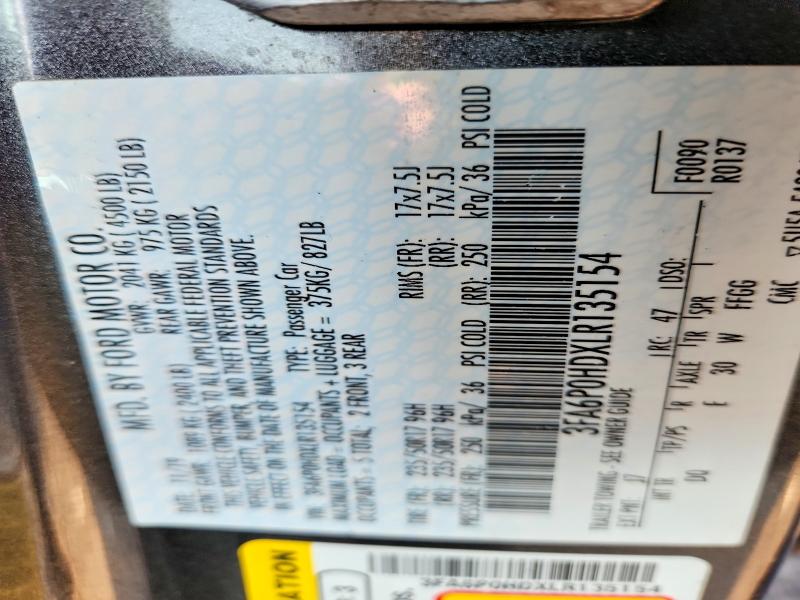 69108926 :رقم المزاد ، 3FA6P0HDXLR135154 vin ، 2020 Ford Fusion مزاد بيع