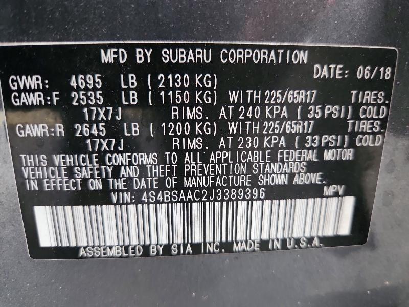 2018 Subaru Outback მანქანა იყიდება აუქციონზე, vin: 4S4BSAAC2J3389396, აუქციონის ნომერი: 67328746