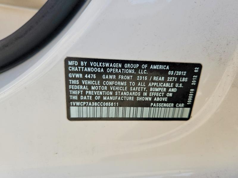 Aukcja sprzedaży 2012 Volkswagen Passat, vin: 1VWCP7A38CC065611, numer aukcji: 70878446