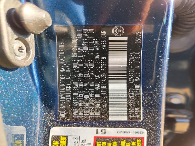 Aukcja sprzedaży 2021 Toyota Camry, vin: 4T1R11AK5MU575599, numer aukcji: 66604176