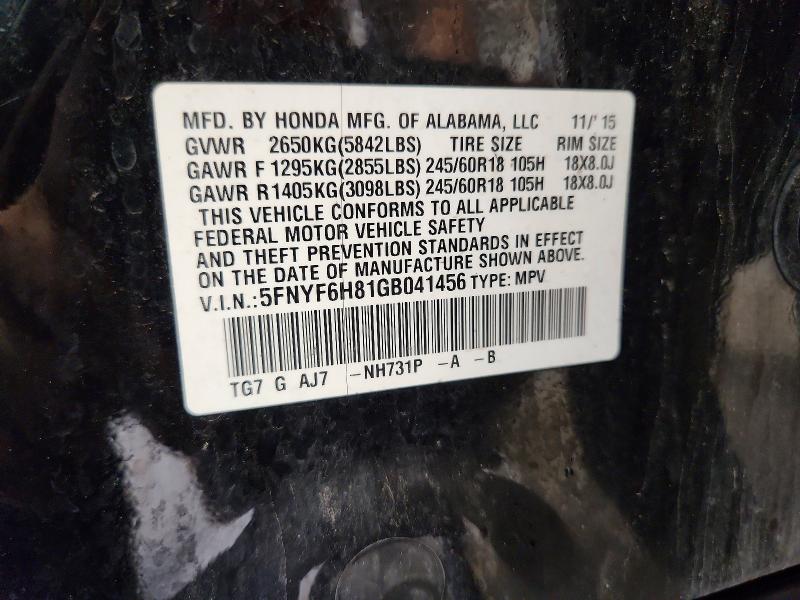 Продаж на аукціоні авто 2016 Honda Pilot, vin: 5FNYF6H81GB041456, номер лоту: 71189456