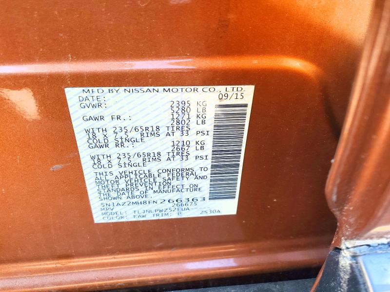 2015 Nissan Murano მანქანა იყიდება აუქციონზე, vin: 5N1AZ2MH8FN266363, აუქციონის ნომერი: 69249376