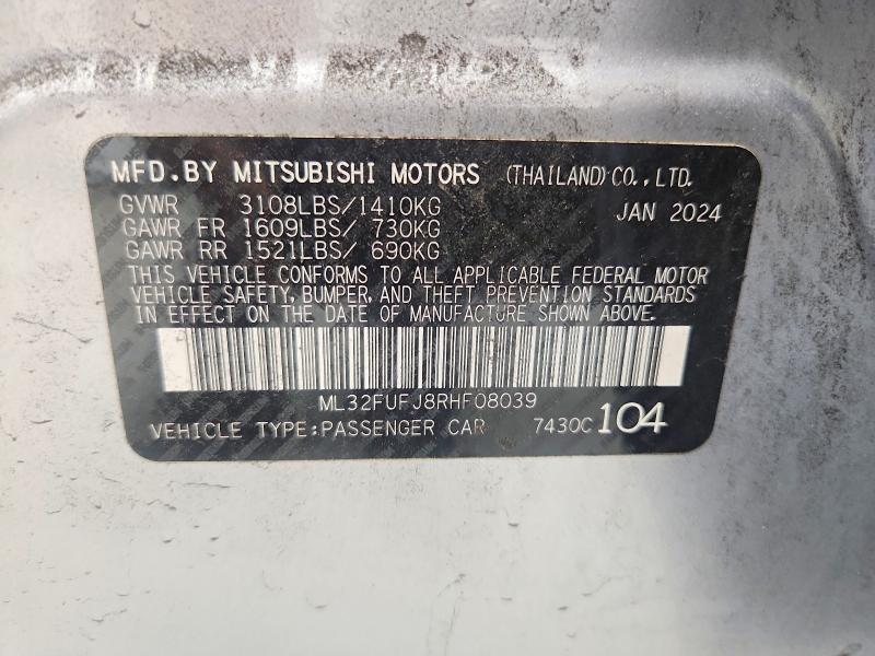 2024 Mitsubishi Mirage მანქანა იყიდება აუქციონზე, vin: ML32FUFJ8RHF08039, აუქციონის ნომერი: 67991116