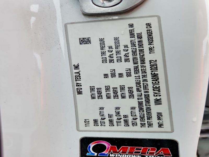 70112246 :رقم المزاد ، 5YJ3E1EA8NF102872 vin ، 2022 Tesla Model 3 مزاد بيع