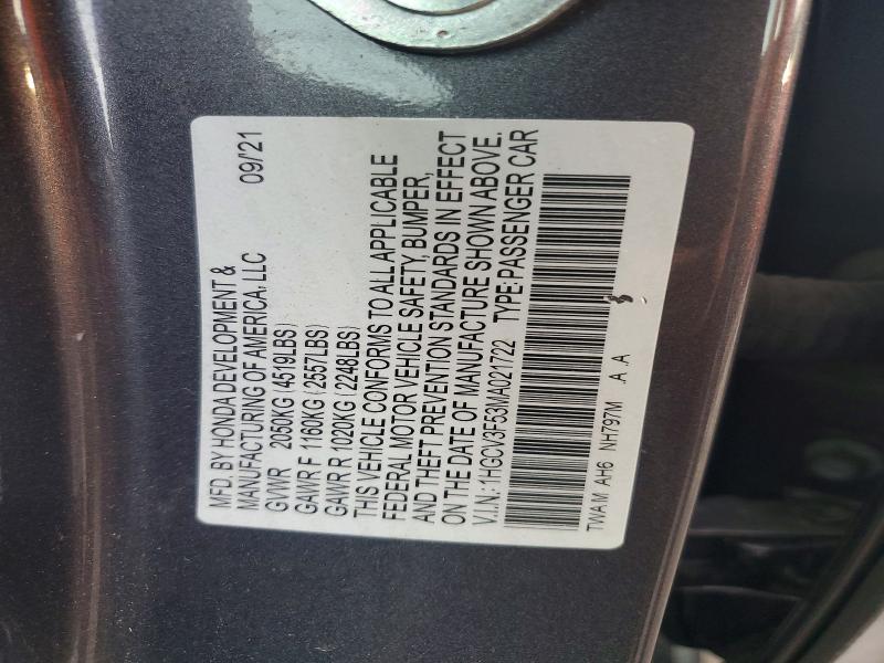 Aukcja sprzedaży 2021 Honda Accord, vin: 1HGCV3F53MA021722, numer aukcji: 68967466
